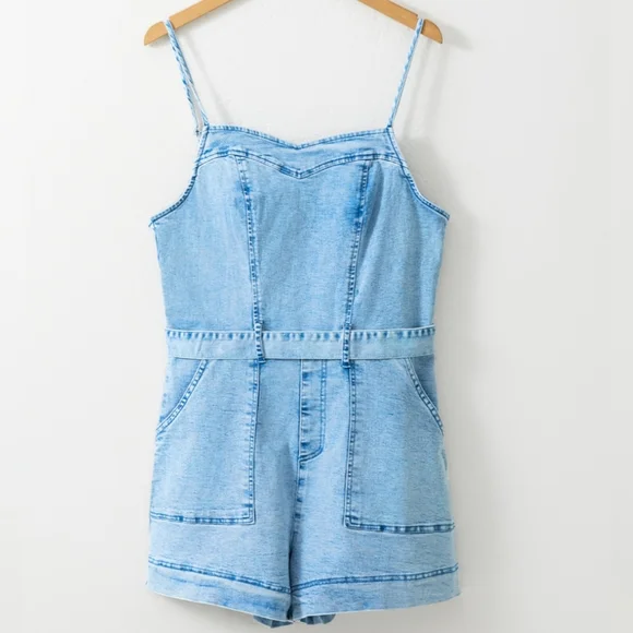 Denim Romper Shorts Sweetheart Sleeveless Belt Pocket Jean One-piece Jumpsuit - Picture 9 of 16